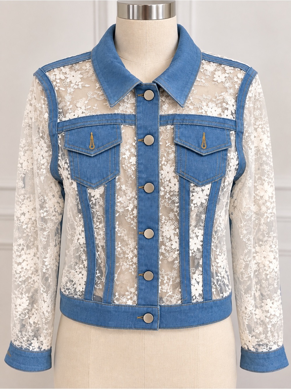Pastels Blue Denim & Sheer Floral Lace Jacket Size S NWT